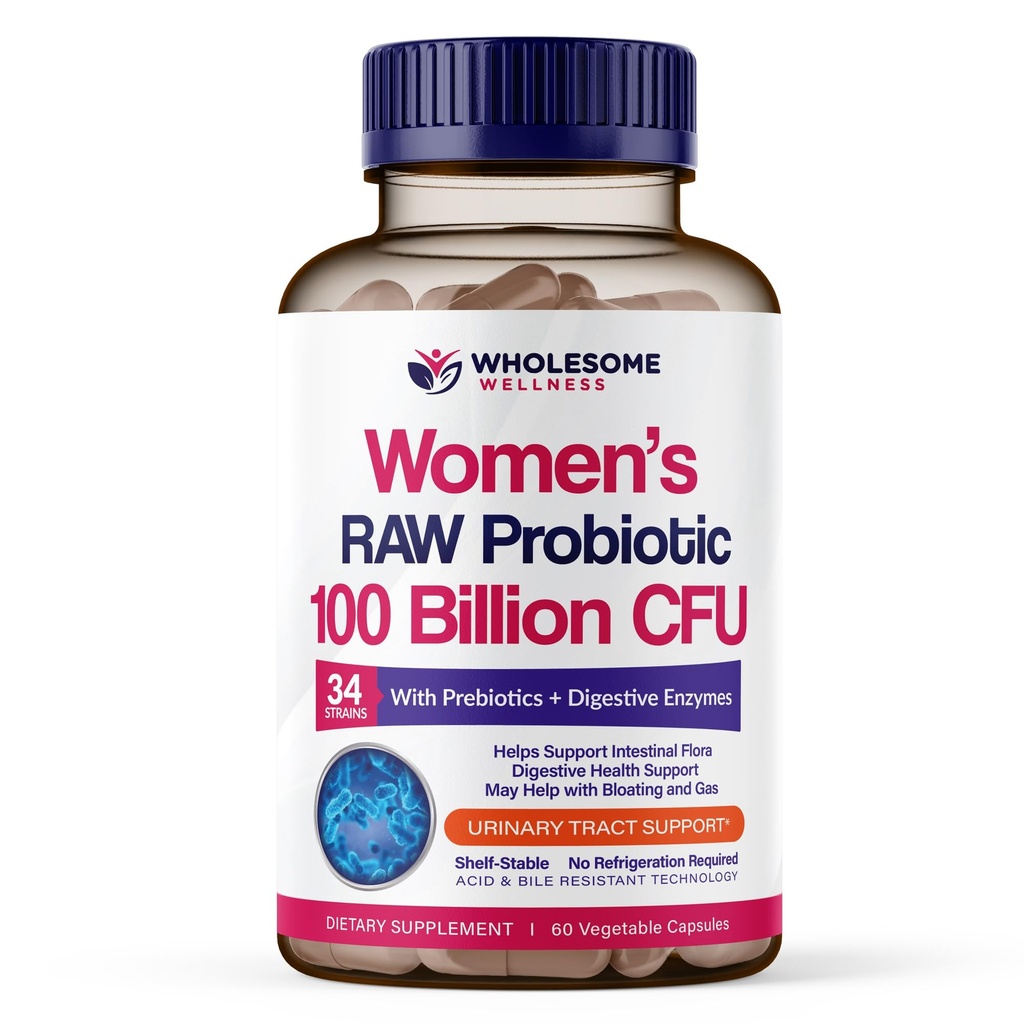 Wholesome Wellness Dr. Formulated Raw Probiotics for Women 100 Billion CFUs Capsules with Prebiotics, Digestive Enzymes, Approved for Adults, Shelf Stable Supplement