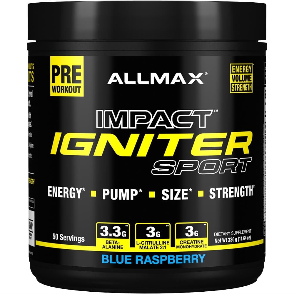 ALLMAX IGNITER Sport, Blue Raspberry - 330 g - Φόρμουλα προετοιμασίας - με καφεΐνη, L-Citrulline, L-αργινίνη, Creatine & Beta Alanine - Μέχρι 50 εξυπηρετούν