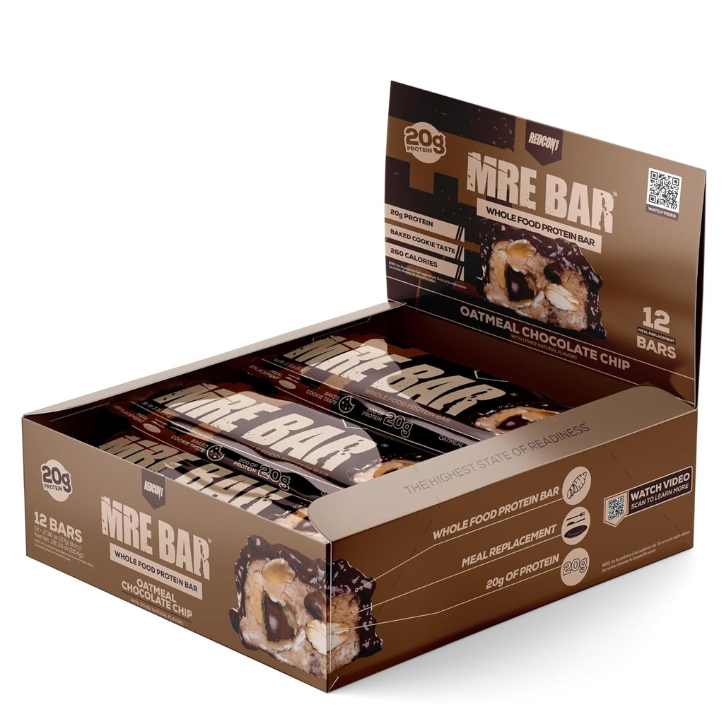 REDCON1 MRE Protein Bar, Τσιπ σοκολάτας βρώμης - Περιέχει MCT Oil + 20g της ολικής πρωτεΐνης τροφίμων - Εύκολα digestible, Macro ισορροπημένη χαμηλή ζάχαρη Coal Replacement Bar (12 Bars)