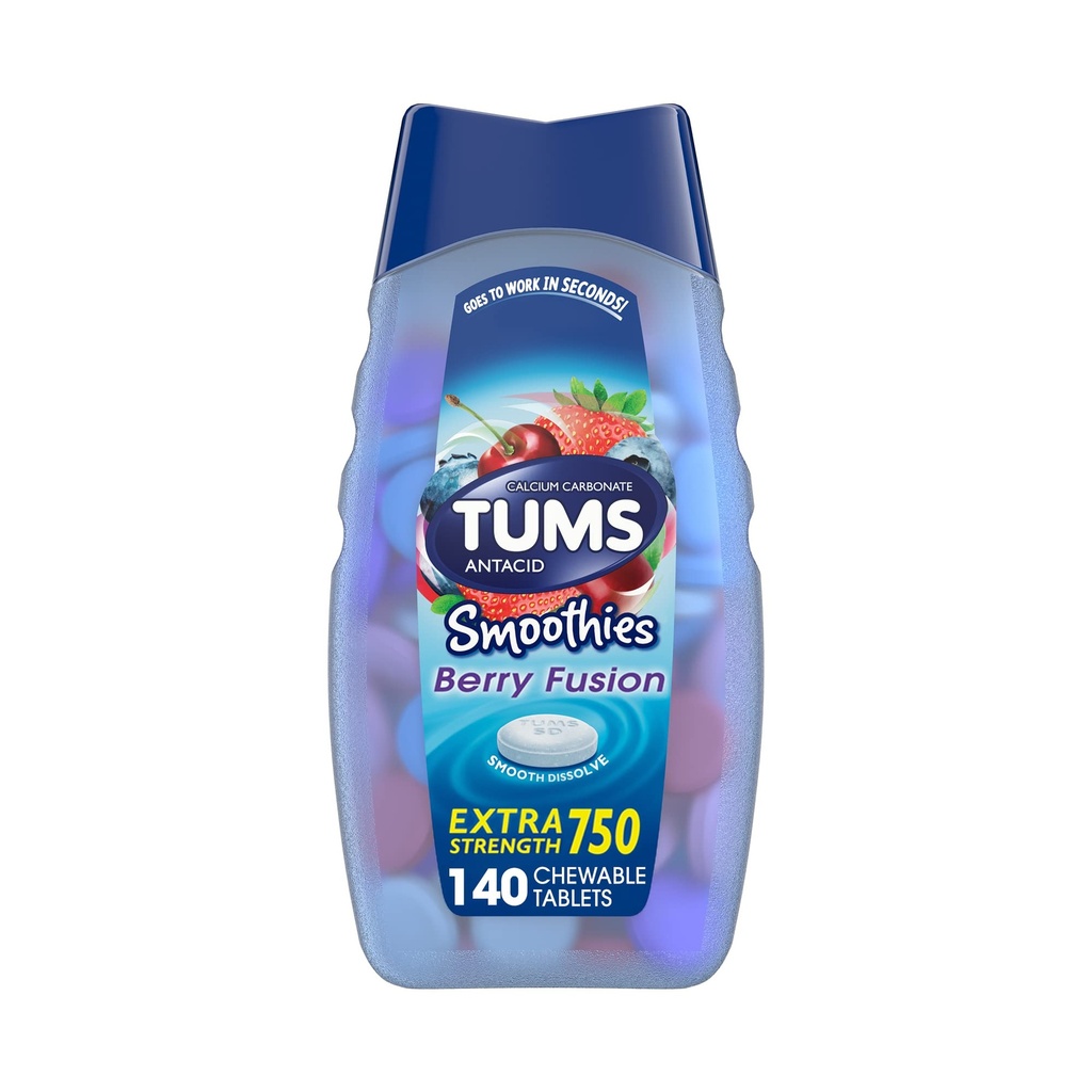 TUMS Antacid Smoothies Σύντηξη μούρων Επιπλέον δύναμη 750, Smooth Dissolve - 140 Μασώμενα δισκία