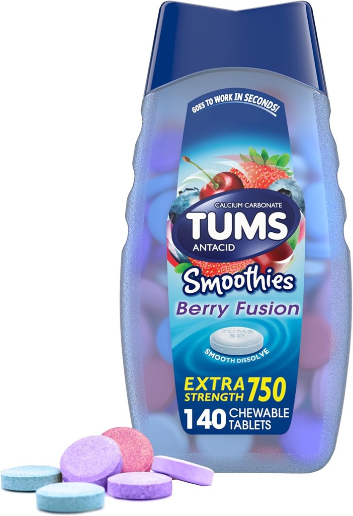TUMS Antacid Smoothies Σύντηξη μούρων Επιπλέον δύναμη 750, Smooth Dissolve - 140 Μασώμενα δισκία