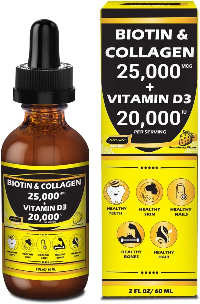 Nature Manu-Premium 25.000mcg Liquid Biotin & Collagen+20.000iu Βιταμίνη D3 Όλα-σε-ένα Wellness Daily Drops. Υποστηρίζει υγιές δέρμα, πιο δυνατά νύχια, ανάπτυξη μαλλιών. Νόστιμο άρωμα φράουλας - 2 FL OZ/60 ML