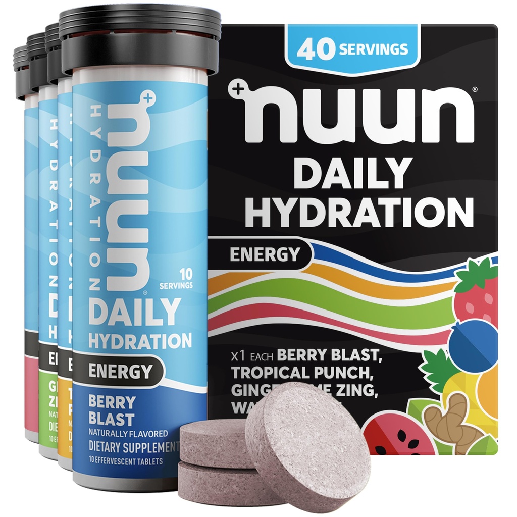 Nuun Energy Electrolyte δισκία με Ginseng, καφεΐνη από εκχύλισμα πράσινου τσαγιού, Βιταμίνη Β12, Β6, Β5, Μαγνήσιο & 4 άλλα ηλεκτρολυτικά, Gluten Free & Vegan, Μικτές Γεύσεις, 4 Πακέτο (40 Μερίδες Σύνολο)