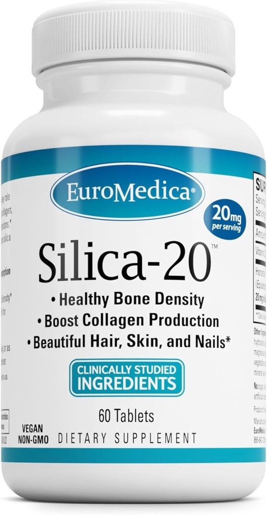 EuroMedica Silica-20 - Συμπλήρωμα Υποστηρίζει Δομή των οστών & Κολλαγόνο Παραγωγή - Ισχυρά Δόντια & Υγιεινή Πυκνότητα των οστών Υποστήριξη - Βοηθήματα για την υγεία των μαλλιών, του δέρματος και των νυχιών - 60 Tablets (30 Services)