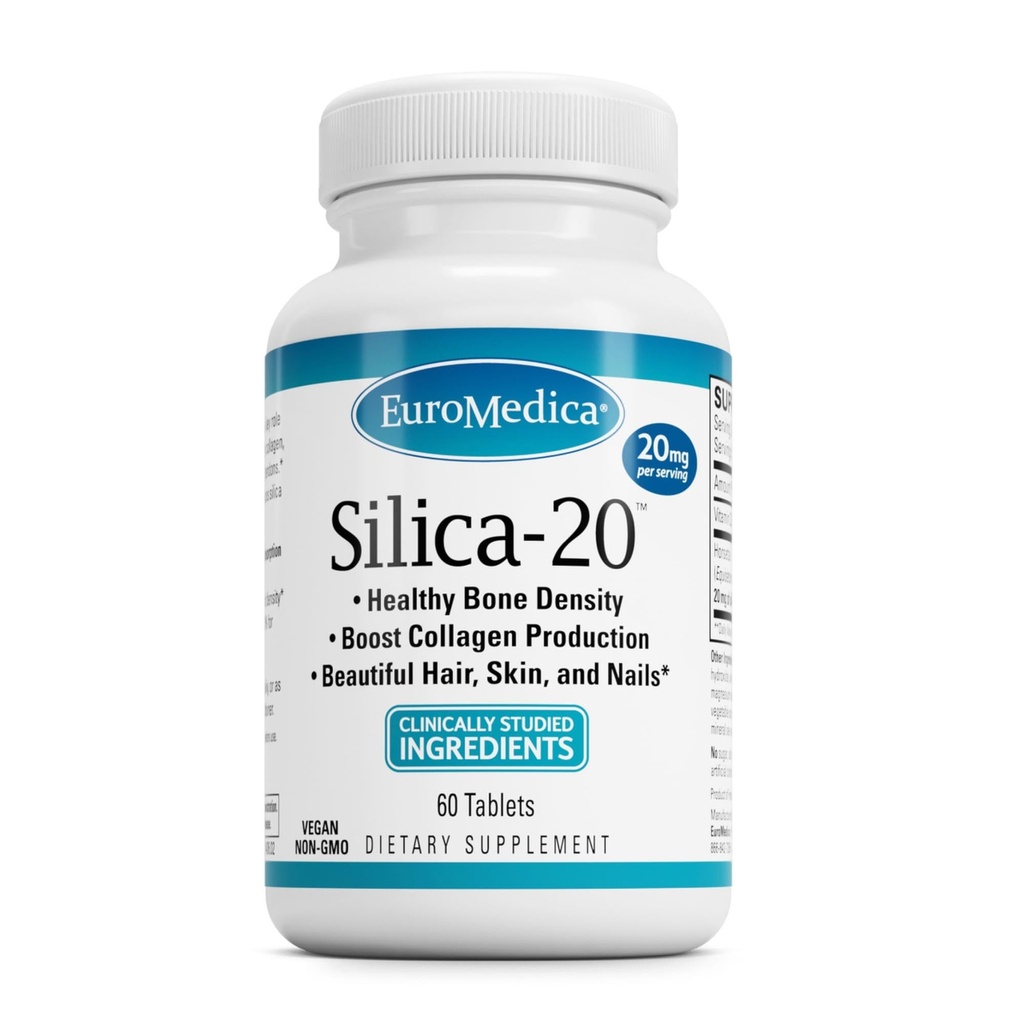 EuroMedica Silica-20 - Συμπλήρωμα Υποστηρίζει Δομή των οστών & Κολλαγόνο Παραγωγή - Ισχυρά Δόντια & Υγιεινή Πυκνότητα των οστών Υποστήριξη - Βοηθήματα για την υγεία των μαλλιών, του δέρματος και των νυχιών - 60 Tablets (30 Services)