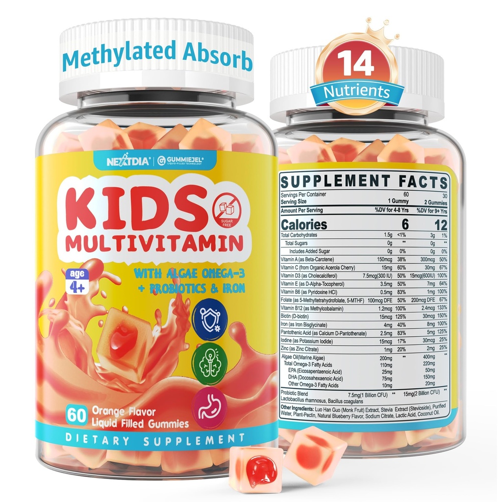 Kids Multivitamin Gummies with Iron, Sugar Free, Kids Daily Vitamins + Probiotics, Algae Omega 3 (EPA/DHA), A, C, D, Methyl B12, Folate, B6, Zinc, Biotin, for Healthy Growth, Immune Support, 60 Count
