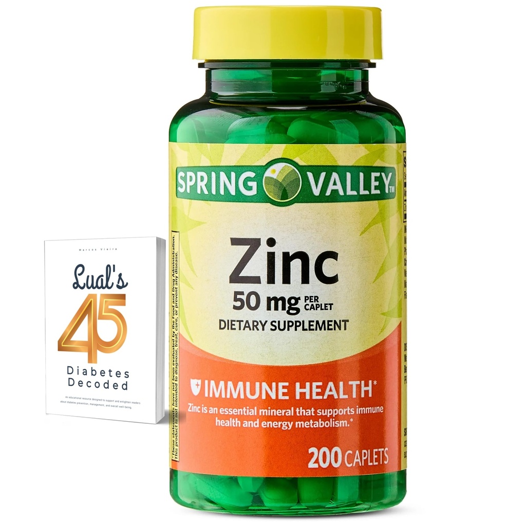 Spring Valley Zinc 50 mg, 200 Count, Dietary Supplement Caplets for Immune Health, Zinc Immune Supplements, Bundle with Lual's 45 Diabeted