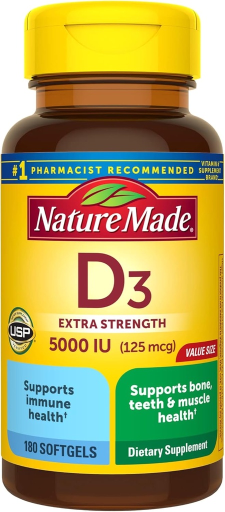 Nature Made Vitamin D3 5000 IU (125 mcg) Softgels, Extra Strength Vitamin D συμπλήρωμα για την υποστήριξη της υγείας των οστών και του ανοσοποιητικού, 180 Count, 180 ημέρα προσφοράς