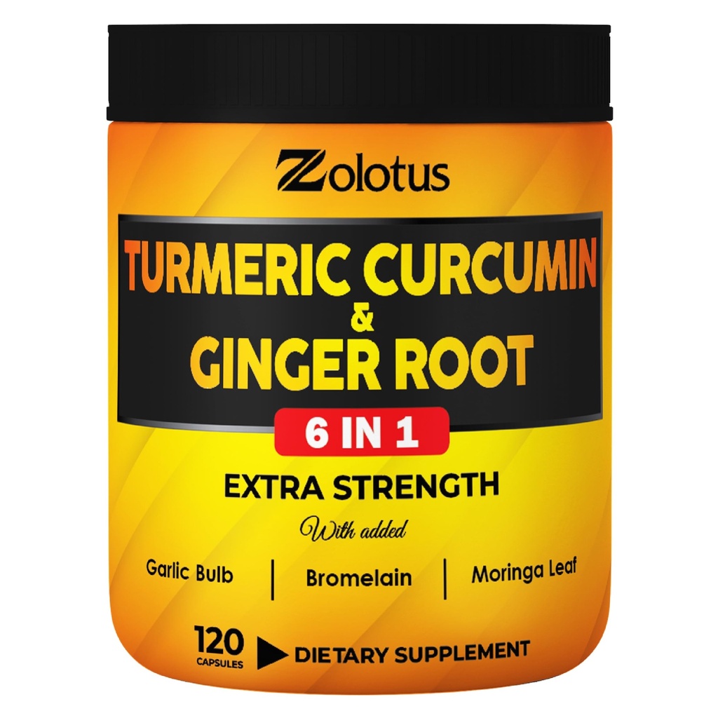 6 σε 1 Turmeric Curcumin + Ginger Κάψουλες, 95% Κουρκουμινοειδή με Ginger, σκόρδο Βολβοί, Bromelain, Moringa, Μαύρο πιπέρι - 120 Κάψουλες