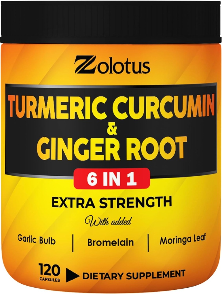 6 σε 1 Turmeric Curcumin + Ginger Κάψουλες, 95% Κουρκουμινοειδή με Ginger, σκόρδο Βολβοί, Bromelain, Moringa, Μαύρο πιπέρι - 120 Κάψουλες