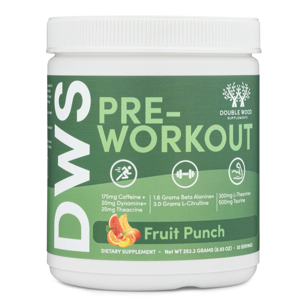 Pre Workout Powder for Men & Women (30 Services of Caffeine, Beta Alanine, L-Citrulline, Dynamine, L-Theanine, Taurine, Theacrine, & More) Preworkout Powder with Scoop by Double Wood (Fruit Punch)