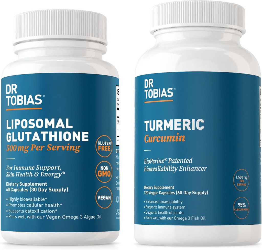 Dr. Tobias Turmeric Curcumin και Liposomal Glutathionone - Υποστηρίζει την κοινή υγεία, την ανοσοποιητική λειτουργία και τη ζωτικότητα του δέρματος - Vegan, μη ΓΤΟ