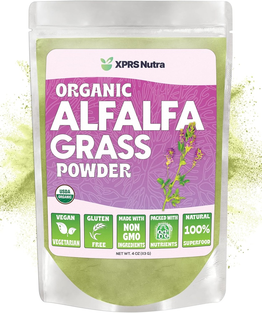 XPRS Nutra Organic Alfalfa Powder - Premium Vegan Supplement Rich in Calcium, Antioxidants, Vitamins - Farmer Alfalfa Supplement for Kids and Adults - Vegan Friendly Healthy Leaf (4 Ounce)