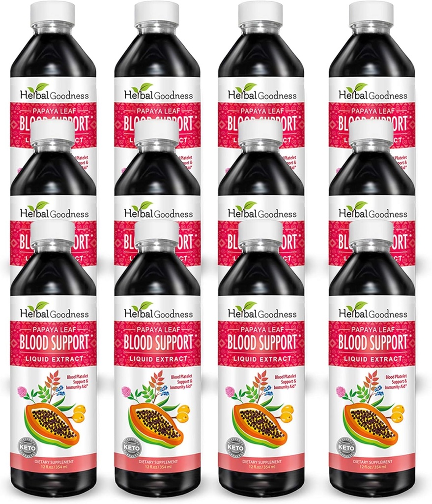 Papaya Leaf Blood Support Liquid - 15X Strength - Papaya Leaf Extract - Υγιή Αιμοπετάλια, Καθαρισμός Αίματος, Διέγερση, Papaya Enzyme - 12 (12oz) Μπουκάλια Υγρό - Φυτική Καλοσύνη - Κατασκευασμένο στις ΗΠΑ