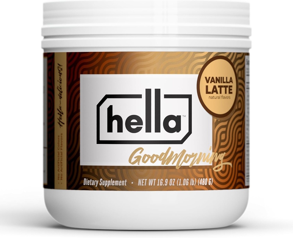Hella Nutrition Goodmorning Coffee Alternative Natural Caffeine with Mushroom Coffee Substitute | Protein, Collagen, Vitamins B-12 & D, Electrolytes, & Minerals | Non GMO (20 Servings, Vanilla Latte)