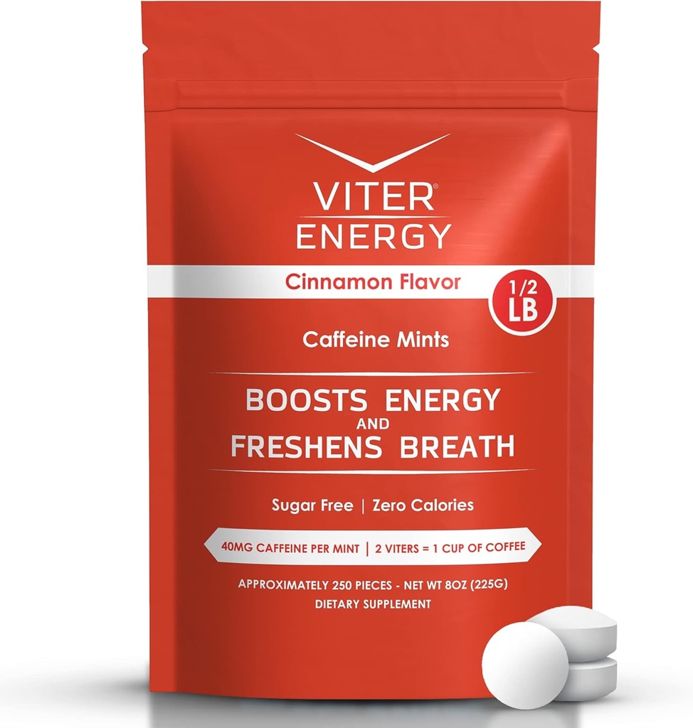 Viter Energy 40mg Μέντες καφεΐνης - Χωρίς ζάχαρη, Β Βιταμίνες, Vegan, Ενισχύει γρήγορη ενεργοποίηση Alert Focus, καφεΐνη Nootropic χάπια συμπλήρωμα (Cinnamon Flavor, 8oz, Bulk Bag)