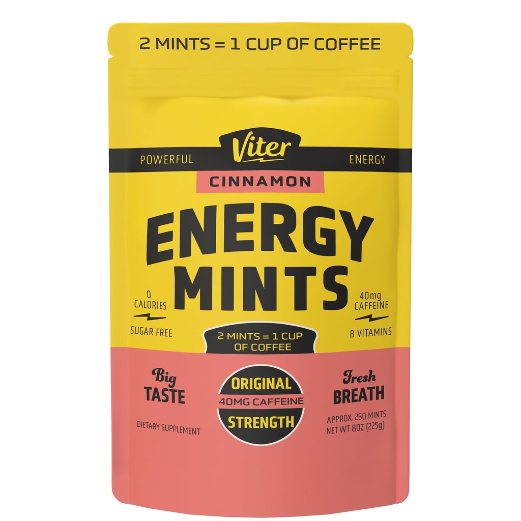 Viter Energy 40mg Μέντες καφεΐνης - Χωρίς ζάχαρη, Β Βιταμίνες, Vegan, Ενισχύει γρήγορη ενεργοποίηση Alert Focus, καφεΐνη Nootropic χάπια συμπλήρωμα (Cinnamon Flavor, 8oz, Bulk Bag)