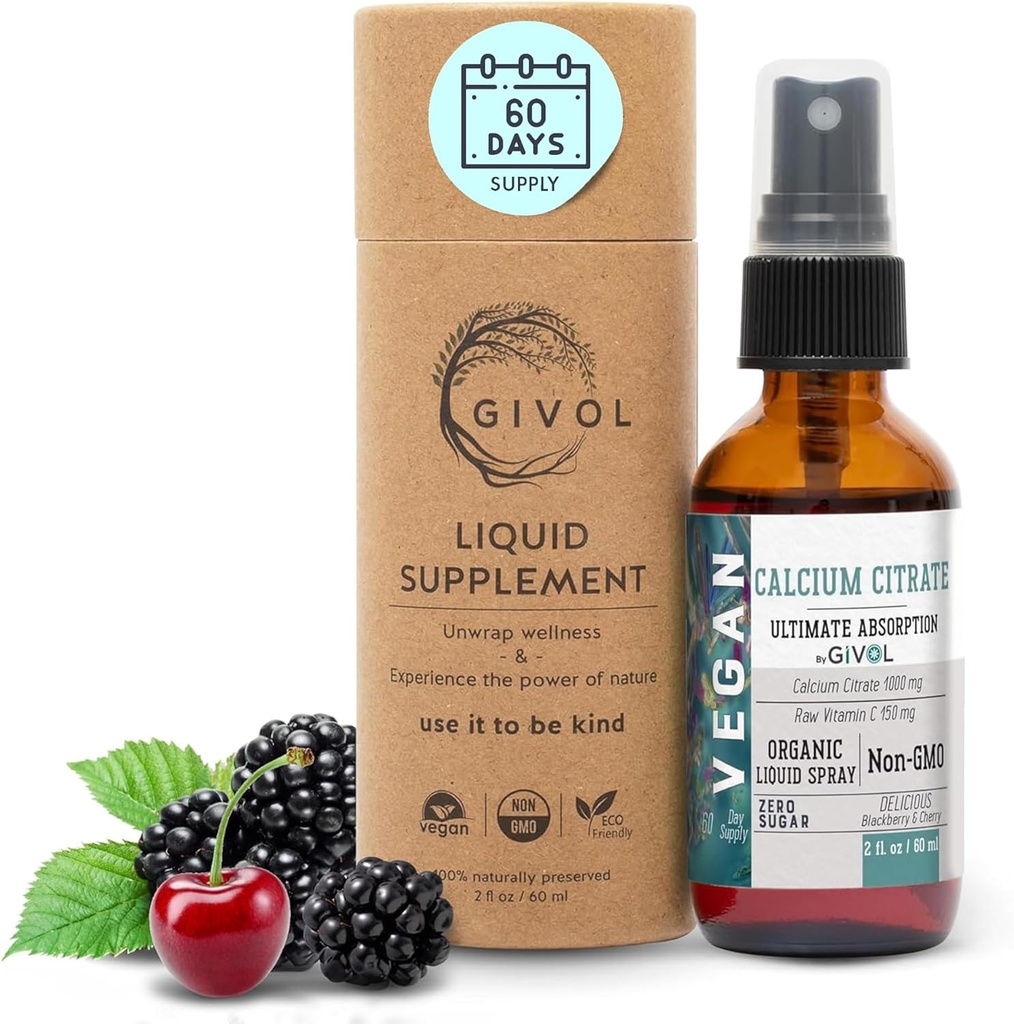 Υγρό ασβέστιο Κιτρικό 1000mg & Ακατέργαστη βιταμίνη C 150mg Υγρό σπρέι για Βέλτιστη Απορρόφηση, Άγριο Κεράσι & BlackBerry Γεύση, Συμπλήρωμα ασβεστίου, Μη ΓΤΟ, Χωρίς Γλουτένη, Χωρίς ζάχαρη 2oz (60ml)