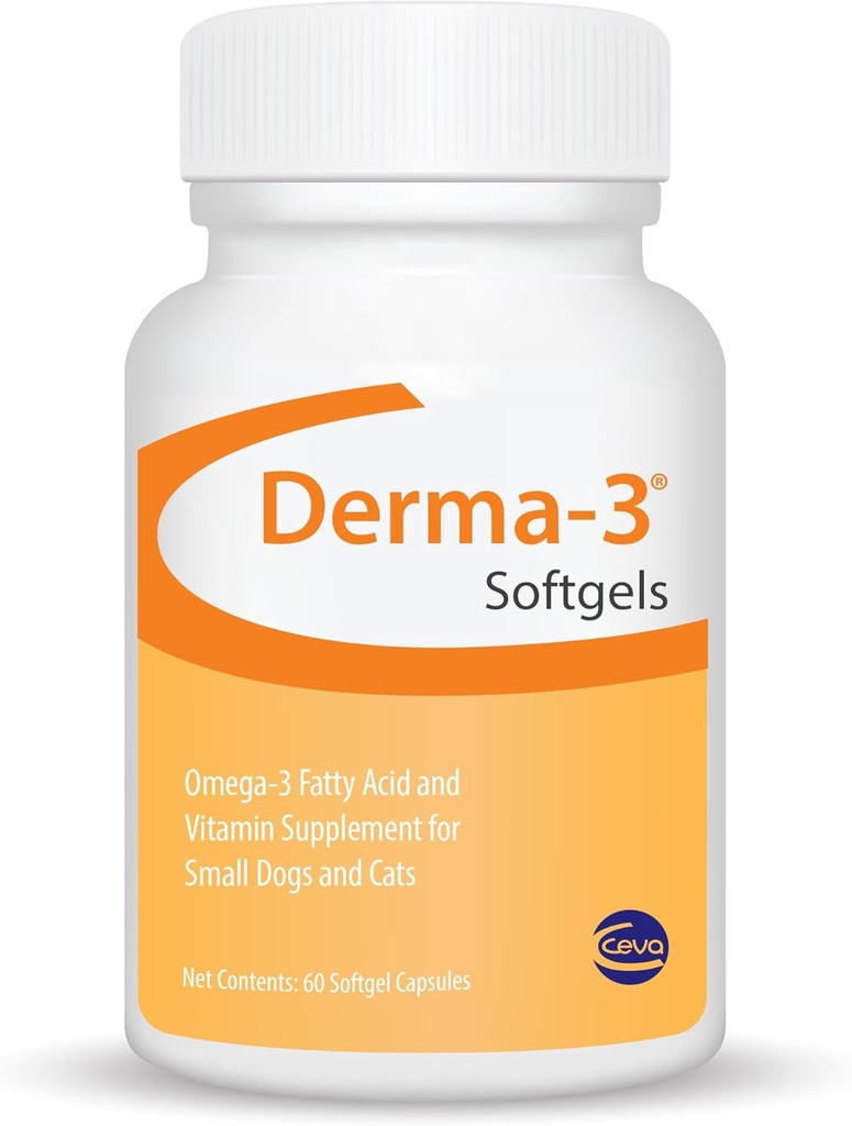 Ceva Derma-3 Softgels, Ωμέγα-3 λιπαρά οξέα & συμπλήρωμα βιταμίνης για μικρά σκυλιά + γάτες (60 κόμης)
