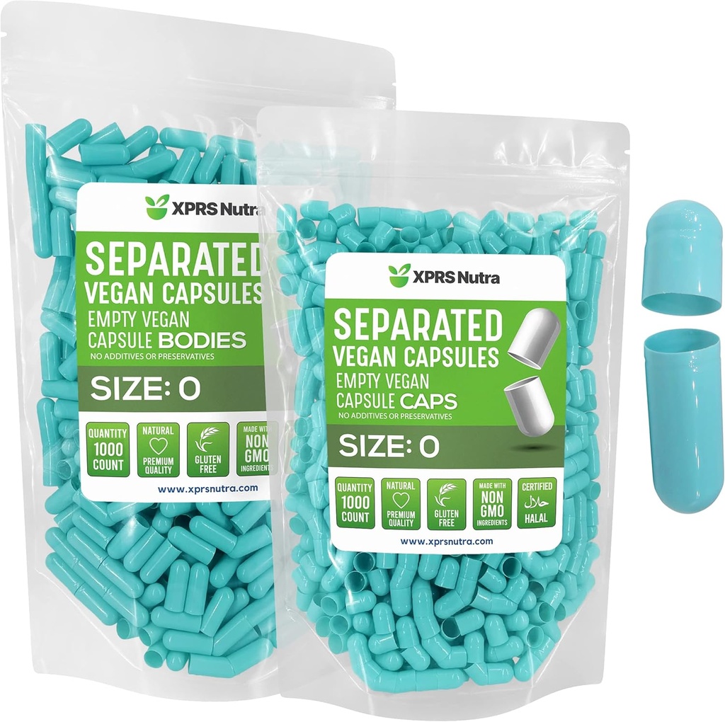 XPRS Nutra Vegan Μέγεθος 0 Χωριστές κάψουλες - 1000 Count Premium Κενές κάψουλες χωρίζονται σε τσάντες - Χάπια 0 για DIY συμπλήρωμα πλήρωσης (Aqua)