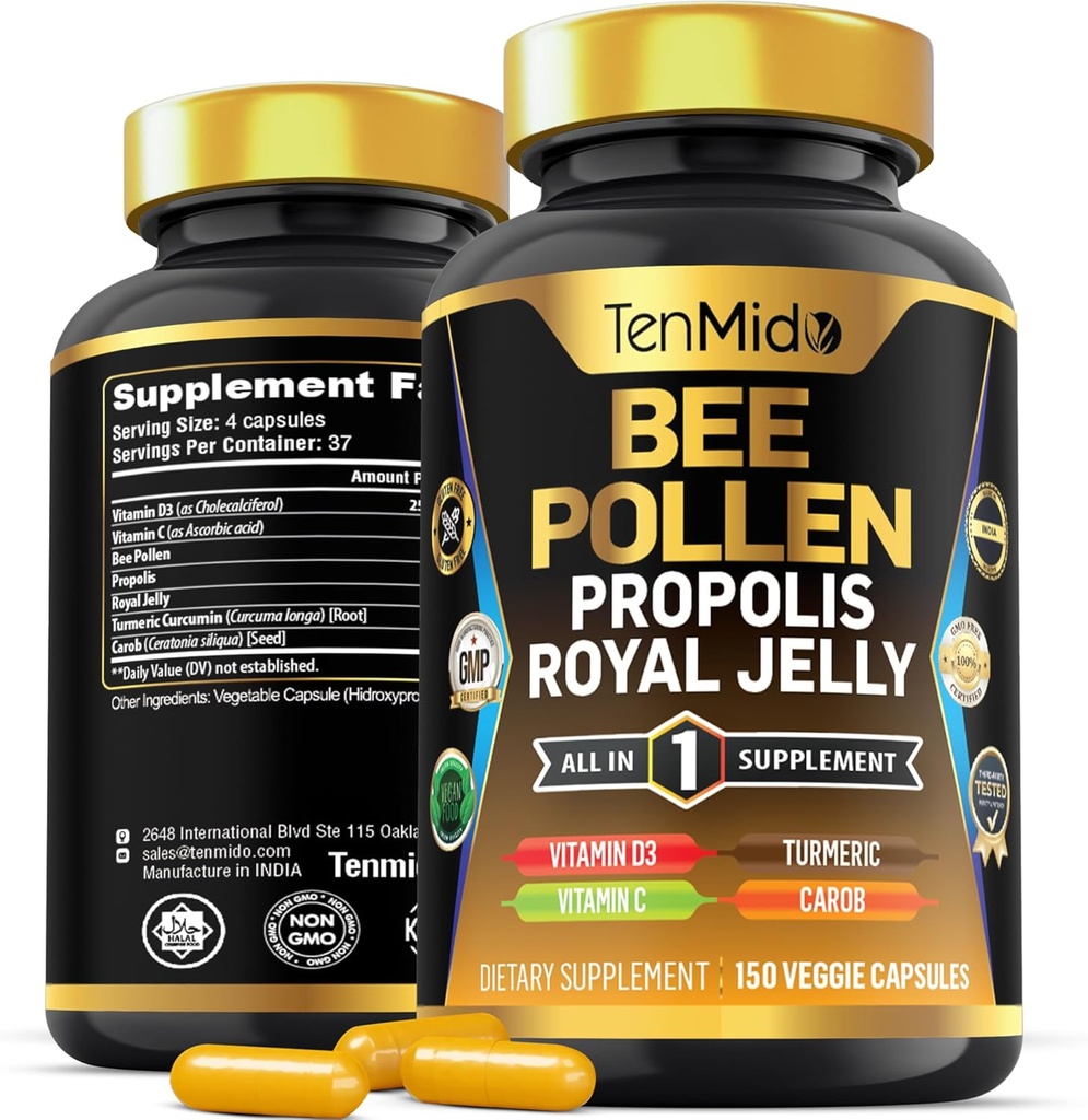 Bee Pollen Capsules for Men and Women, 7-in-1 Formula with Propolis, Royal Jelly, Turmeric, Carob & More - Energy, Immune, Digestive Support - Rich in Nutrient, Vitamins - 150 Capsules