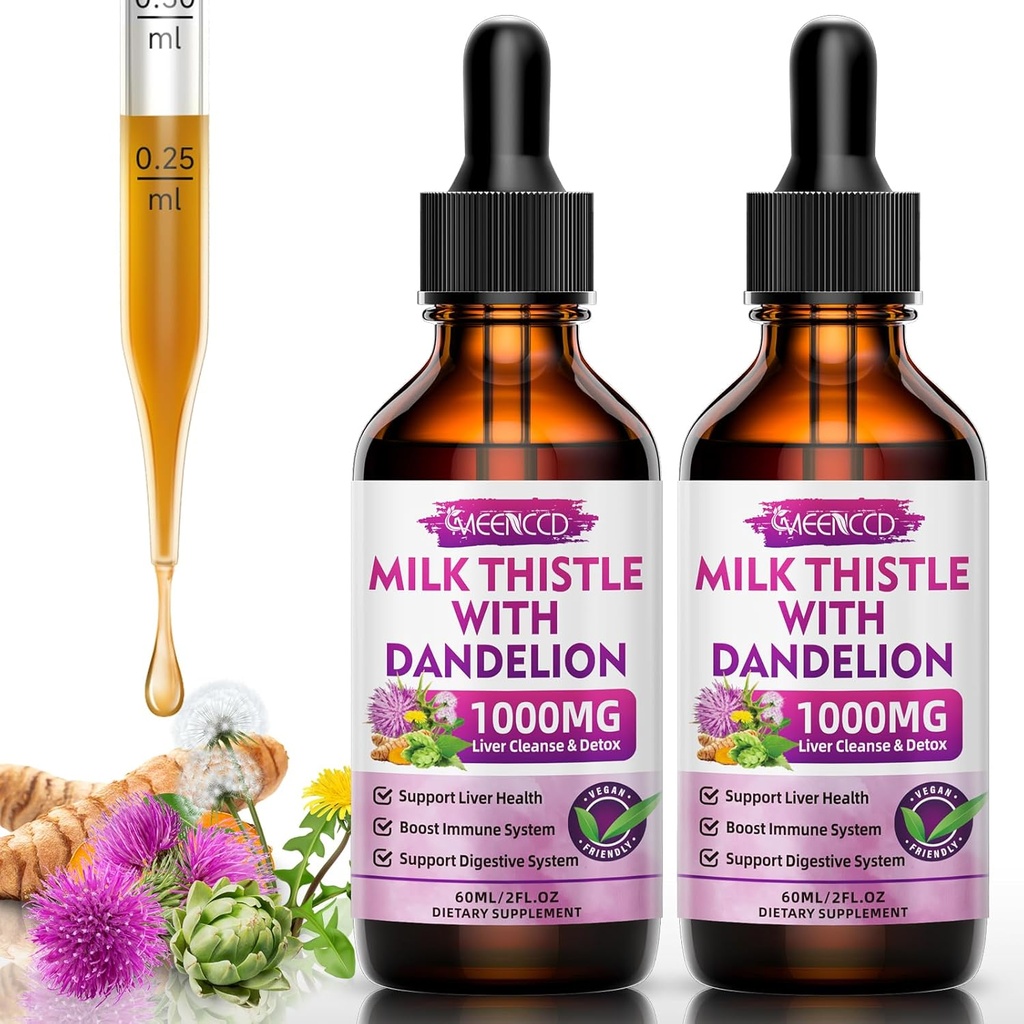 2 τεμ. Υγρές σταγόνες γάλακτος Thittle - Liver Cleanse Detox & Repair - 1000mg συμπλήρωμα γαϊδουράγκαθου γάλακτος για την υποστήριξη του ήπατος, συμπλήρωμα ήπατος Silymarin για την υγεία του ήπατος, Vegan, μη-GMO, 4 Fl Oz