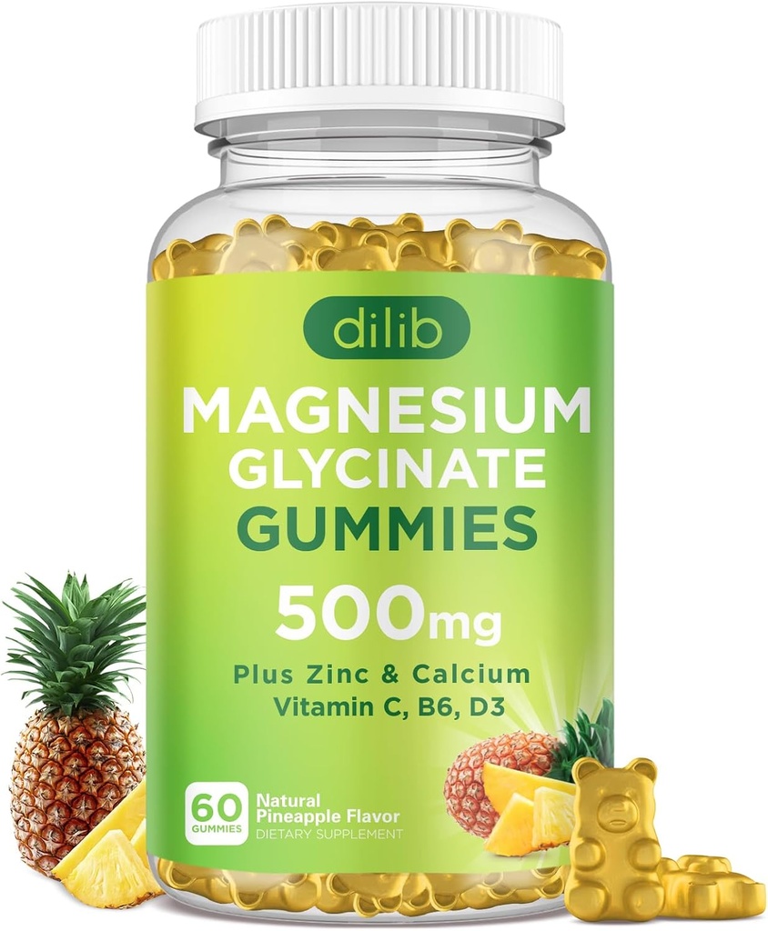 Μαγνήσιο Γλυκινικό Gummies 500mg συμπλήρωμα μαγνησίου με ασβέστιο, ψευδάργυρο, βιταμίνη C, B6, D3-Calm Μασώμενοι Gummies για παιδιά & ενήλικες- Ύπνος, Mood & μυϊκή υποστήριξη-Pineapple Γεύση, 60 Gummies