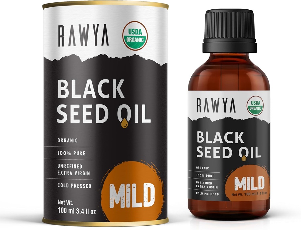 RAWYA Black Seed Oil - Ψυχρός Πιέζεται - Μαύρος Σπόρος Κύμινου - Premium Nigella Sativa - Ωμέγα 3 6 9 - Kalonji για το δέρμα και υγιή μαλλιά - Μη-GMO, Γλουτένη-ελεύθερος - Λάδι ευεξίας - Ήπια Γεύση - 3.4 Fl Oz