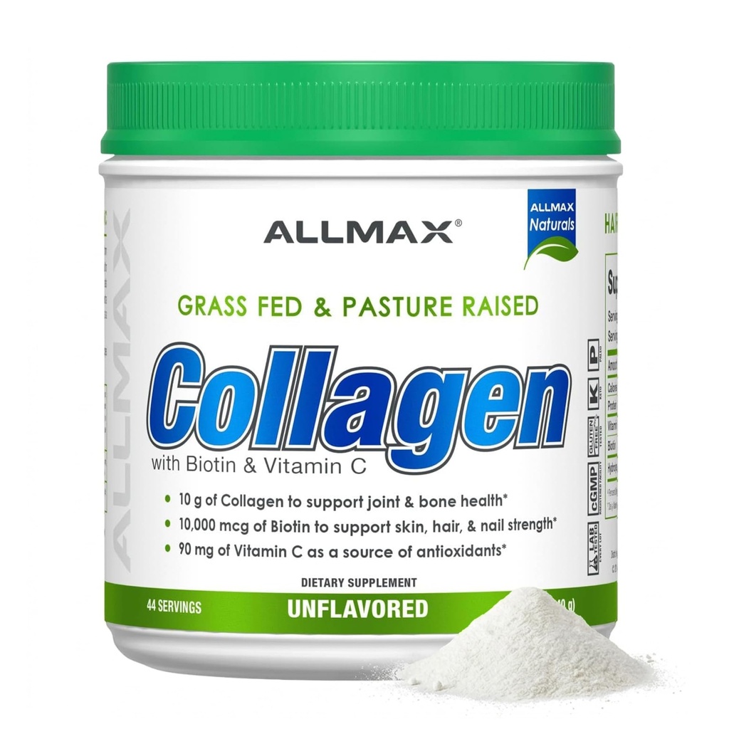 ALLMAX Διατροφή Grass Fed & Pasture Αυξημένο κολλαγόνο με 10. 000 mcg Βιοτίνη + 90 mg Βιταμίνη C, Χωρίς γεύση, 15,5 oz (440 g)