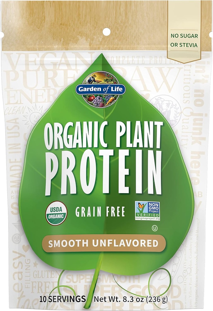 Garden of Life Organic Plant Protein Smooth Unflavored Powder, 10 Servings - Vegan, Grain Free & Gluten Free Plant Based Protein Shake, 1B CFU Probiotics & Enzymes, No Sugar or Stevia, 15g Protein
