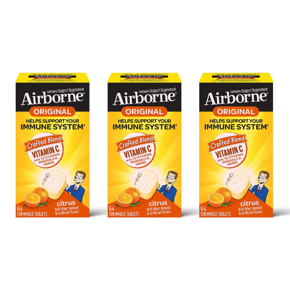 Airborne Vitamin C 1000mg (ανά Σερβίρισμα) - Citrus Chewable Tables (64ct/Box), Gluten-free Immune Support Supplement, Vitamins A C E, ZINC, Selenium, Echinacea, Ginger, Antioxidants (3- Pack)