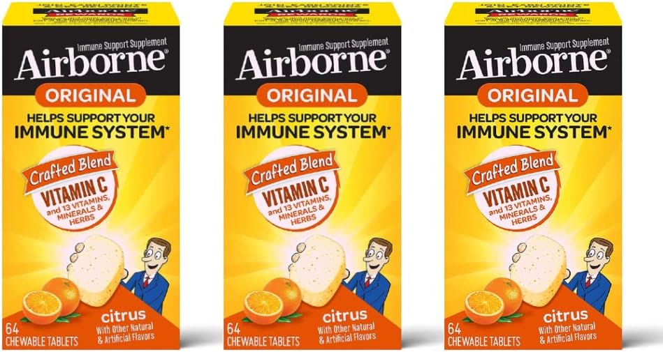 Airborne Vitamin C 1000mg (ανά Σερβίρισμα) - Citrus Chewable Tables (64ct/Box), Gluten-free Immune Support Supplement, Vitamins A C E, ZINC, Selenium, Echinacea, Ginger, Antioxidants (3- Pack)