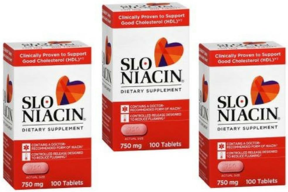 SLO-NIACIN Συμπλήρωμα διατροφής Μια φορά την ημέρα με 750 mg Νιασίνη Βιταμίνη Β από Νικοτινικό Οξύ για Υψηλή Απορρόφηση 100 δισκία ανά φιάλη 3 συσκευασίες