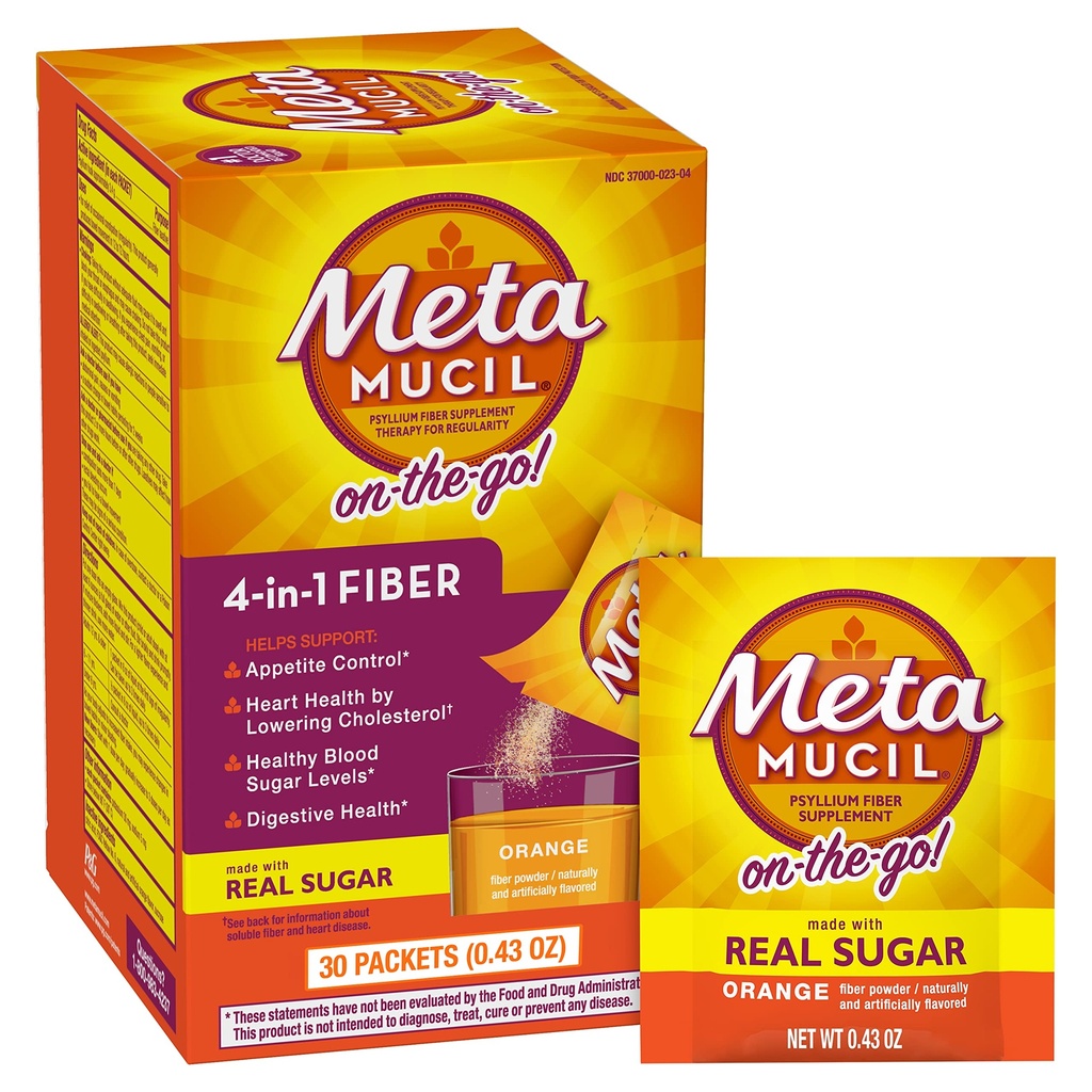 Metamucil On-the-Go, Daily Psyllium Husk Powder Supplement with Real Sugar, 4-in-1 Fiber for Digestive Health, Orange Smooth Flavored Drink, 2 pack x 30 μέτρημα = 60 συσκευασίες Σύνολο