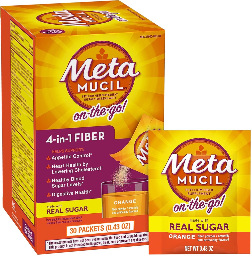 Metamucil On-the-Go, Daily Psyllium Husk Powder Supplement with Real Sugar, 4-in-1 Fiber for Digestive Health, Orange Smooth Flavored Drink, 2 pack x 30 count = 60 Packs Total