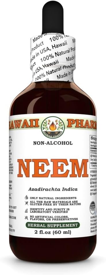 Υγρό εκχύλισμα χωρίς οινόπνευμα Neem, Βιολογικό Neem (Azadirachta Indica) Αποξηραμένο φύλλο Γλυκερίτης Φυσικό βοτανικό συμπλήρωμα, Hawaii Pharm, ΗΠΑ 2 fl.oz