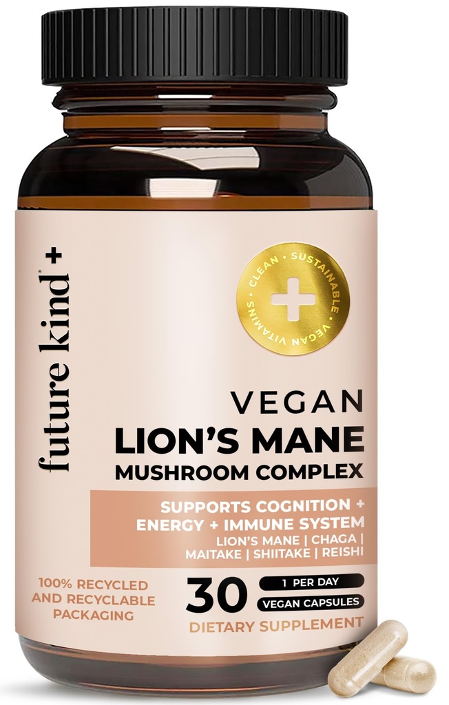 Future Kind Vegan Lion’s Mane Mushroom Complex - Συμπλήρωμα εγκεφάλου με Chaga, Maitake, Shiitake, & Reishi, υποστηρίζει τη μνήμη και εστίαση (30ct)