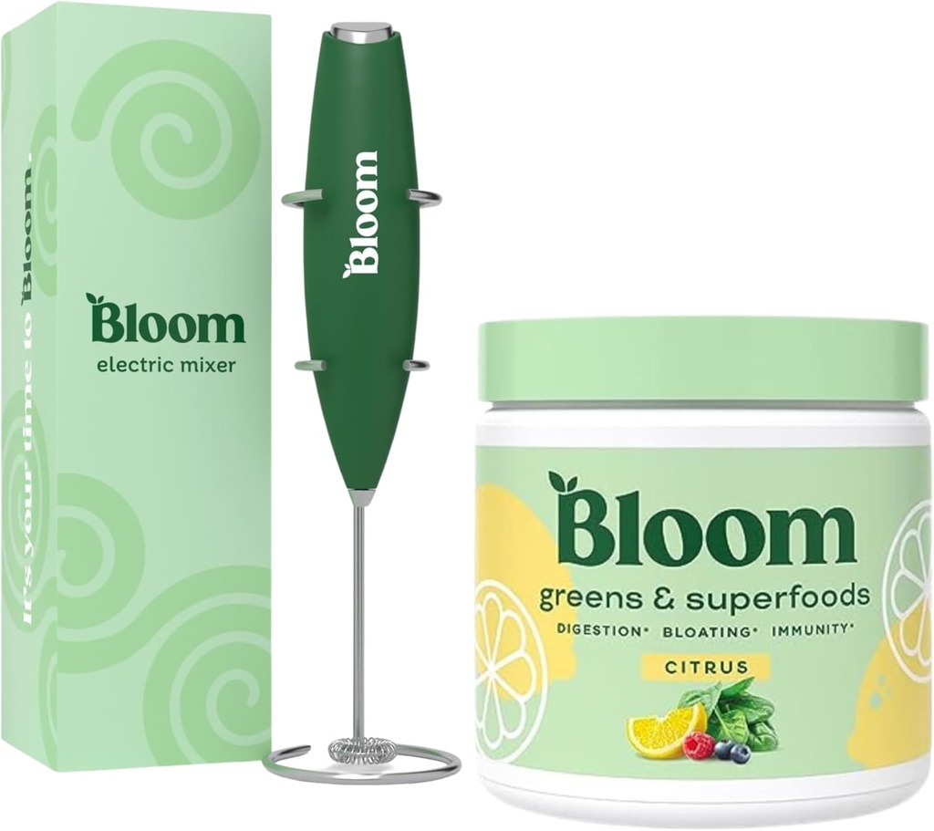 Bloom Nutrition Superfood Greens Powder, Digestive Enzymes with Probiotics and Prebiotics, Gut Health, Bloating Relief, Citrus + Milk Frother High Powered Hand Mixer