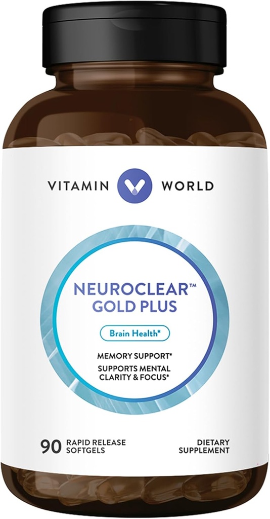 Vitamin World NeuroClear Gold Plus 90 Softgels, Phosphatidylserine, DHA, Ginkgo Biloba, Supports Brain and Mental Focus, Rapid-Release, Gluten Free