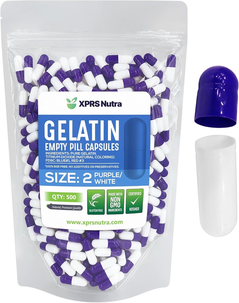XPRS Nutra Size 2 Empty Capses - 500 Count Empty Gelatin Capses - Χάπια DIY Capsule Filling - Καθαρά Καπάκια τζελ για Βοοειδή για Συμπληρώματα Do-It-Yourself (Purple/White)
