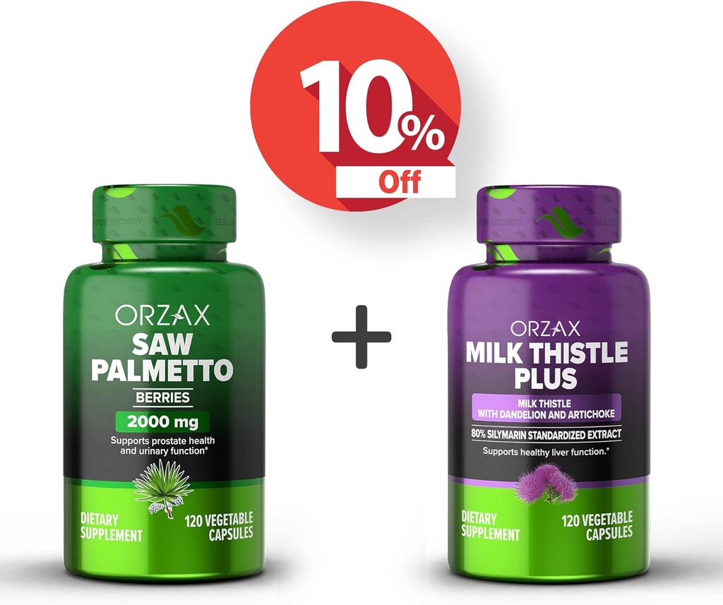 ORZAX Saw Palmetto 2000 mg 120 Vegatable Κάψουλες και Γαϊδουράγκαθο Γάλα Plus με Dandelion 120 Vegatable Κάψουλες, Bundle