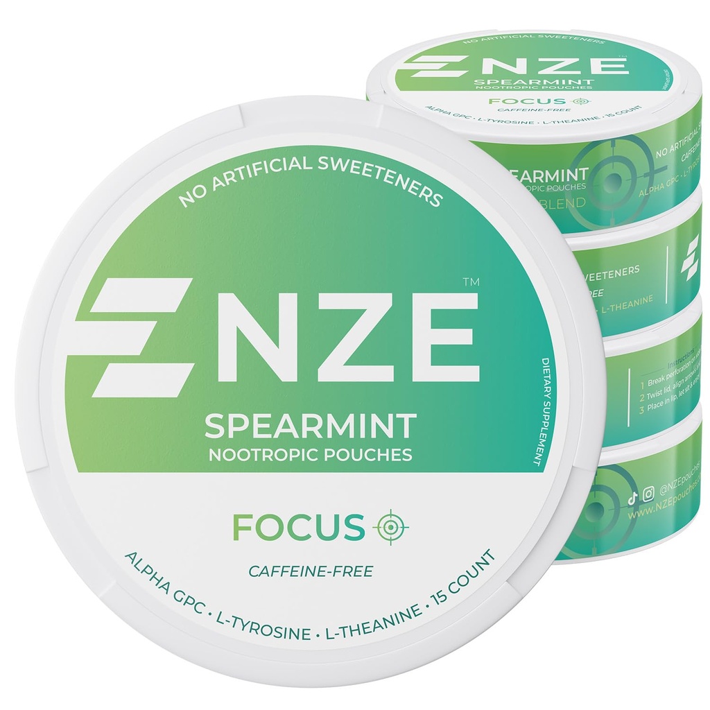 NZE Caffeine Free Nootropic Pouches (Spearmint) - Nootropic Pouchs με Alpha GPC, L-Tyrosine & L-Theanine - Χωρίς Ζάχαρη ή Τεχνητά γλυκαντικά - 15 Nicotine Free Pouches Per Can - 5 Pack