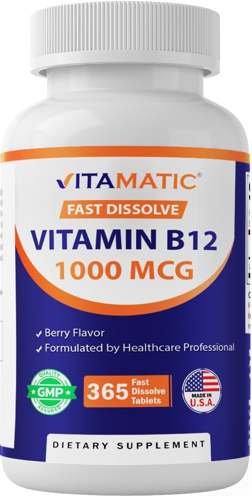 Vitamatic Vitamin B12 1000 mcg Fast Dissolve – 365 δισκία – Φυσικό άρωμα μούρου – Υποστηρίζει τον Ενεργειακό Μεταβολισμό & την Υγεία του Νευρικού Συστήματος