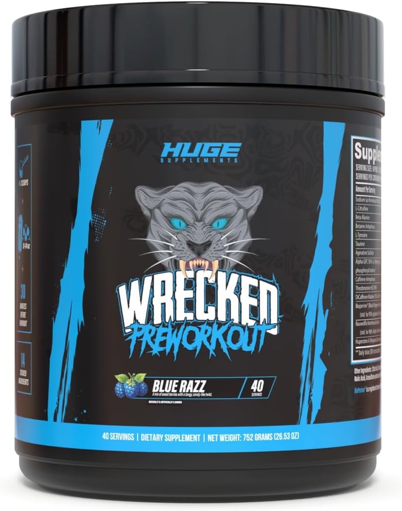 Wrecked Pre Workout Powder, Advanced Formula, Boosts Energy, Focus, Pumps & Performance, 10g L-Citrulline, 6.4g Beta Alanine, 5g Tyrosine, 1g Alpha GPC, 375mg Fast-Active Caffeine & More (40 Services)