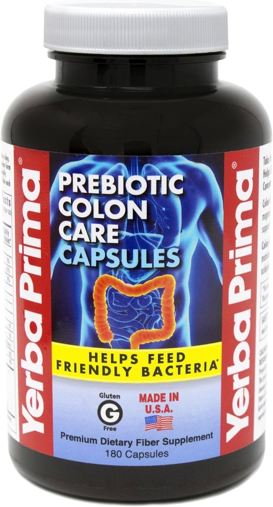 Yerba Prima Prebiotics Colon Care Fiber Caps, 180 Caps - Πέντε Μορφές Fiber Plus FOS Pre-biotics - Συμπλήρωμα Διατροφής - Υγιεινή Διαλυτές & Αδιάλυτες Ίνες για Κανονικότητα