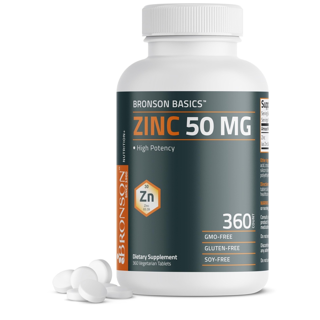 Bronson Ψευδάργυρος 50 MG Υψηλή ισχύς υποστηρίζει ανοσοκατασταλτικά, αντιοξειδωτικά & υγεία του δέρματος - Μη ΓΤΟ, 360 χορτοφαγικά δισκία