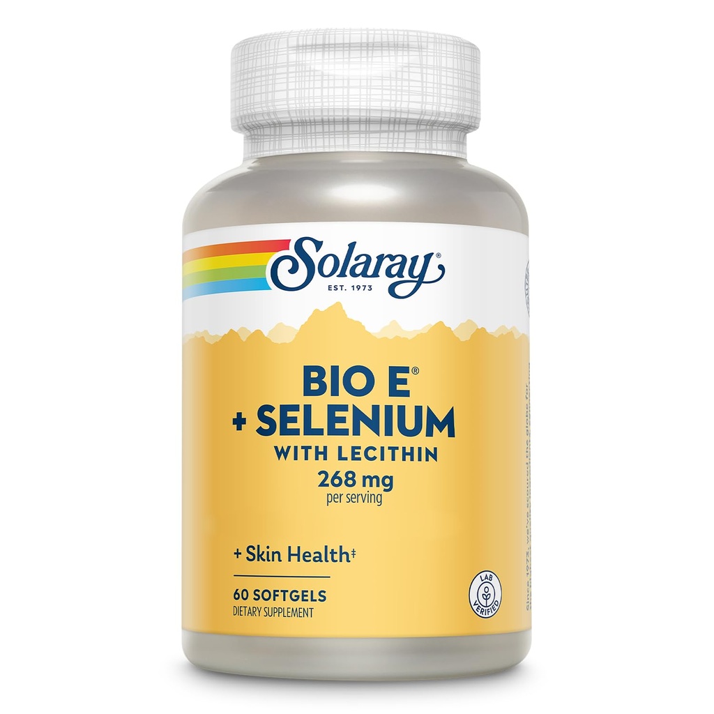 SOLARAY Bio Vitamin E with Selenium - Vitamin E and Selenium Supplement, Skin & Heart Health Support for Men & Women, 268 mg Per Serving, D Alpha Tocopherol - 60 Ct Softgels