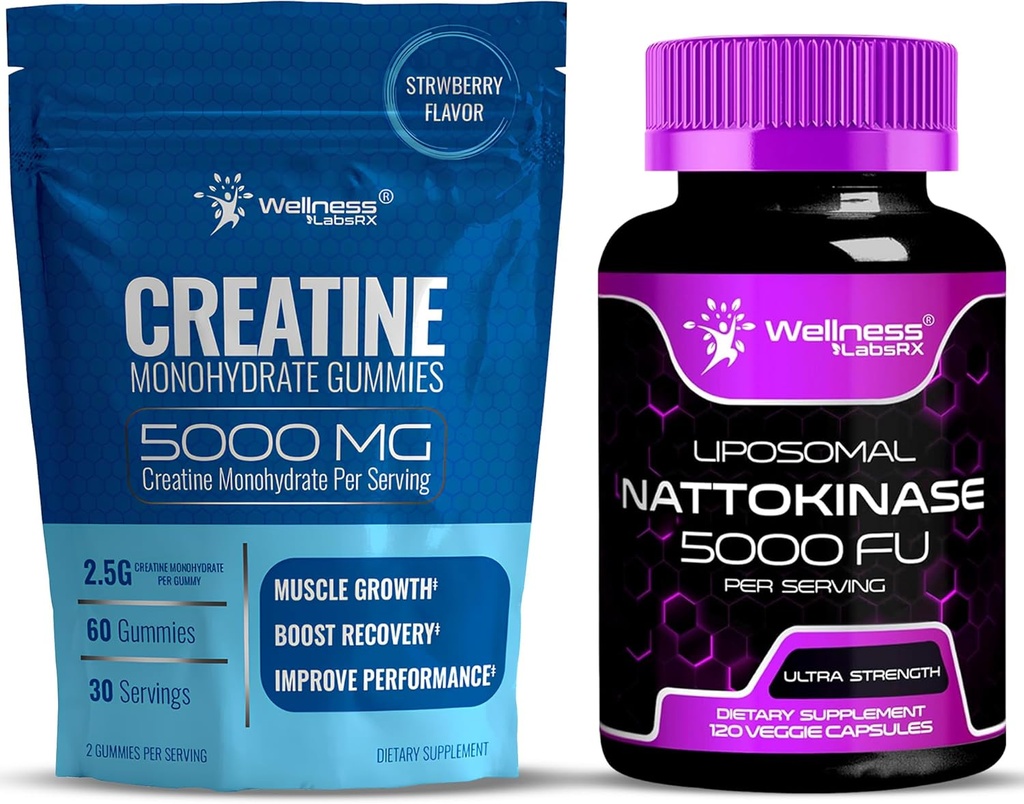 WELLNESS LABSRX Nattokinase Supplement Capsules 5000 FU - Creatine Gummies 5000mg