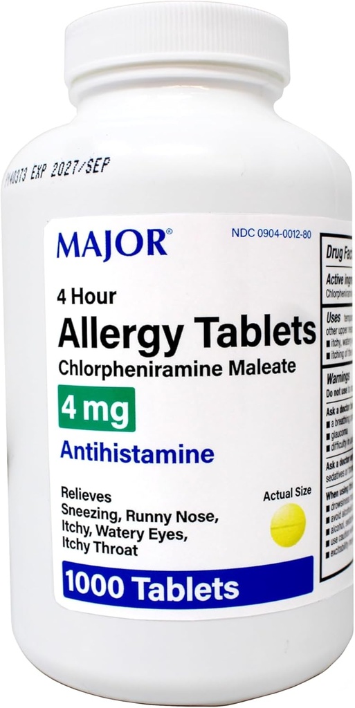 Major 4 Hour Allergy Tablets - Chlorpheniramine Maleate - 4 mg - Antihistamine - 1000 Tablets (1 Pack)