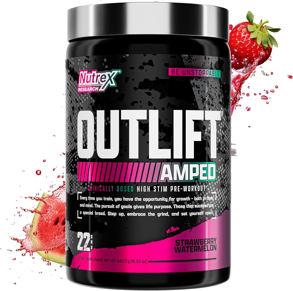 OUTLIFT Amped Max Dosed HIGH STIM Pre Workout Powder 6G Citrulline, 3.2G Beta Alanine, Alpha GPC, CognatiQ, Extreme Energy, Μαζικές Αντλίες, Ηλεκτρολύτες (Strawberry Watermelon, 22 Servings)